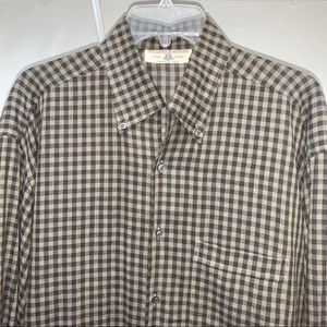 Luciano Barbera Italian Linen Button Down Tan Black Brown Long Sleeve Shirt XL